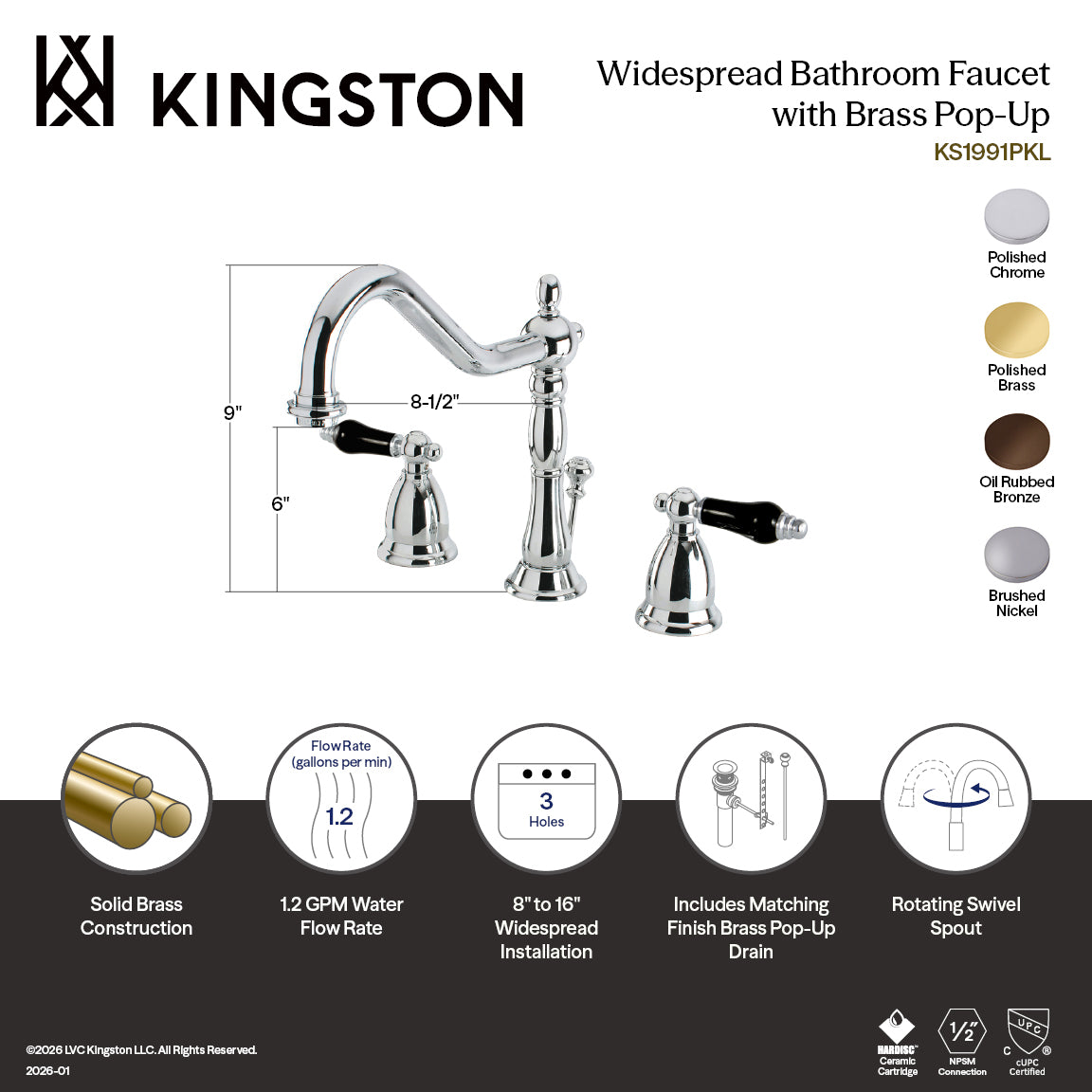 Kingston Heirloom KS1998PKL - Duchess Two-Handle 3-Hole Deck Mount Widespread Bathroom Faucet with Brass Pop-Up, Brushed Nickel — thumbnail 3